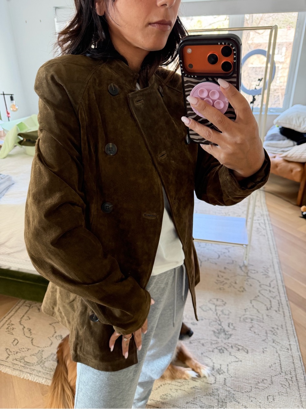 Zara Olive Brown Suede Double-Breasted Blazer Jacket